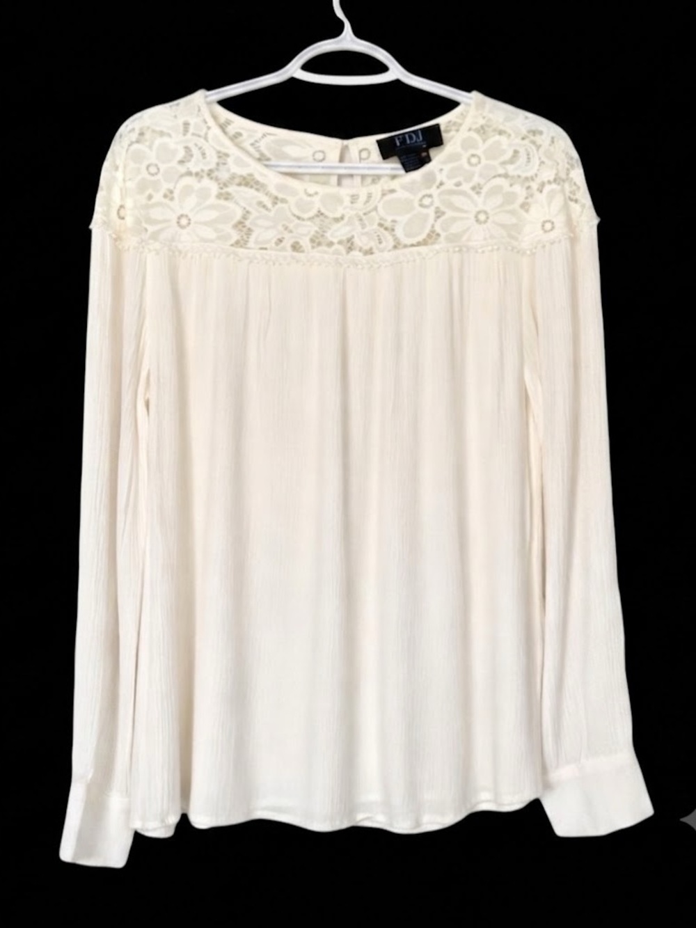 White long sleeve Top size 10 Lace coastal flowy fairy feminine Mesh Euro Summer